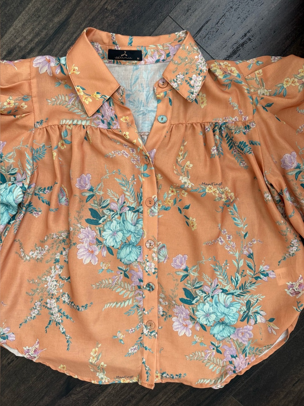 Peach Floral Puff Sleeve Button Front Blouse M Cottagecore Boho Romantic Top